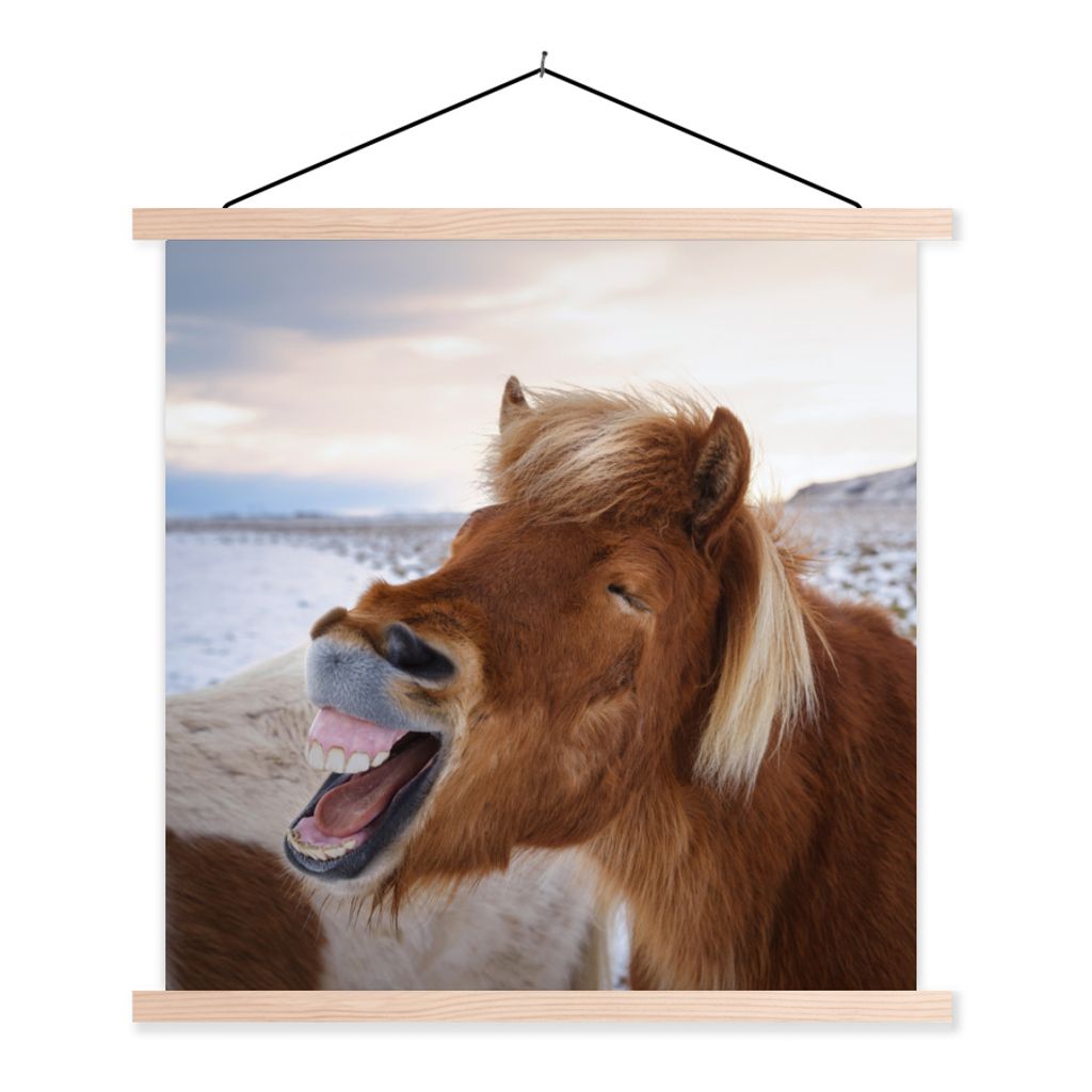 MuchoWow Textilposter Pferd - Strand - Braun 40x40 cm mit holzfarbenen Rahmen - Posterleiste