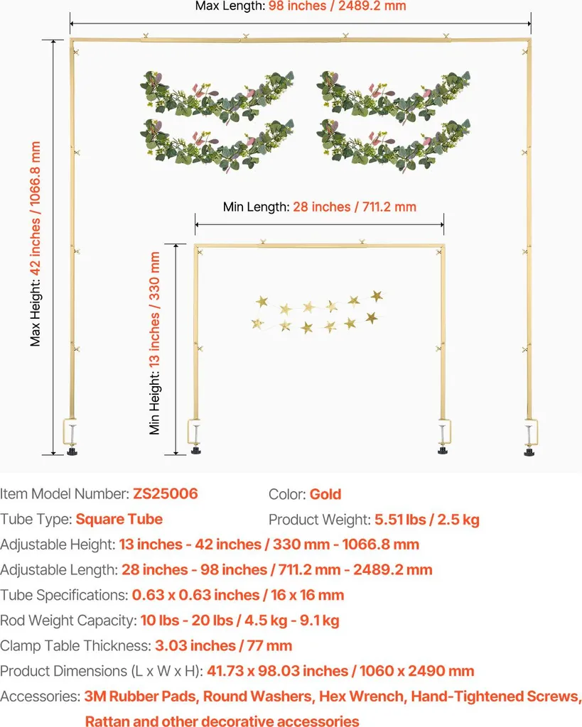 Arche de table extensible dorée avec pinces pour décoration événementielle