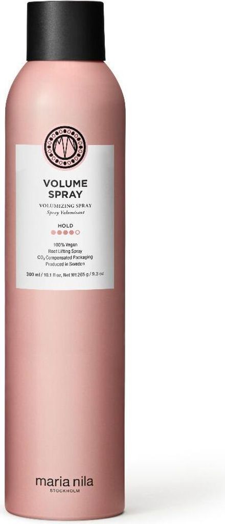 A pink aerosol can of Maria Nila Volume Spray against a white background.