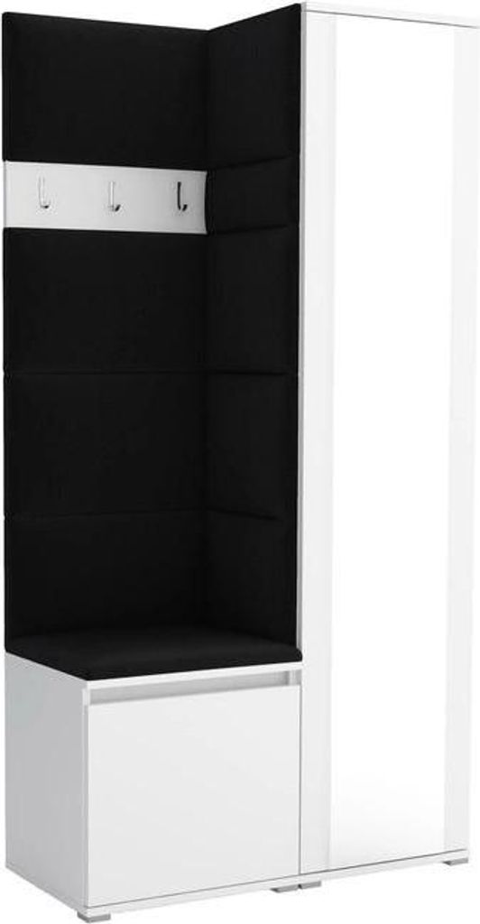 Garderoben-Set Noris VI mit Spiegel, gepolsterte Garderobe 95 cm, kompakte Flurmöbel mit Wandpaneelen, Haken und Stauraum (Farbe: Weiß + Trinity 16)