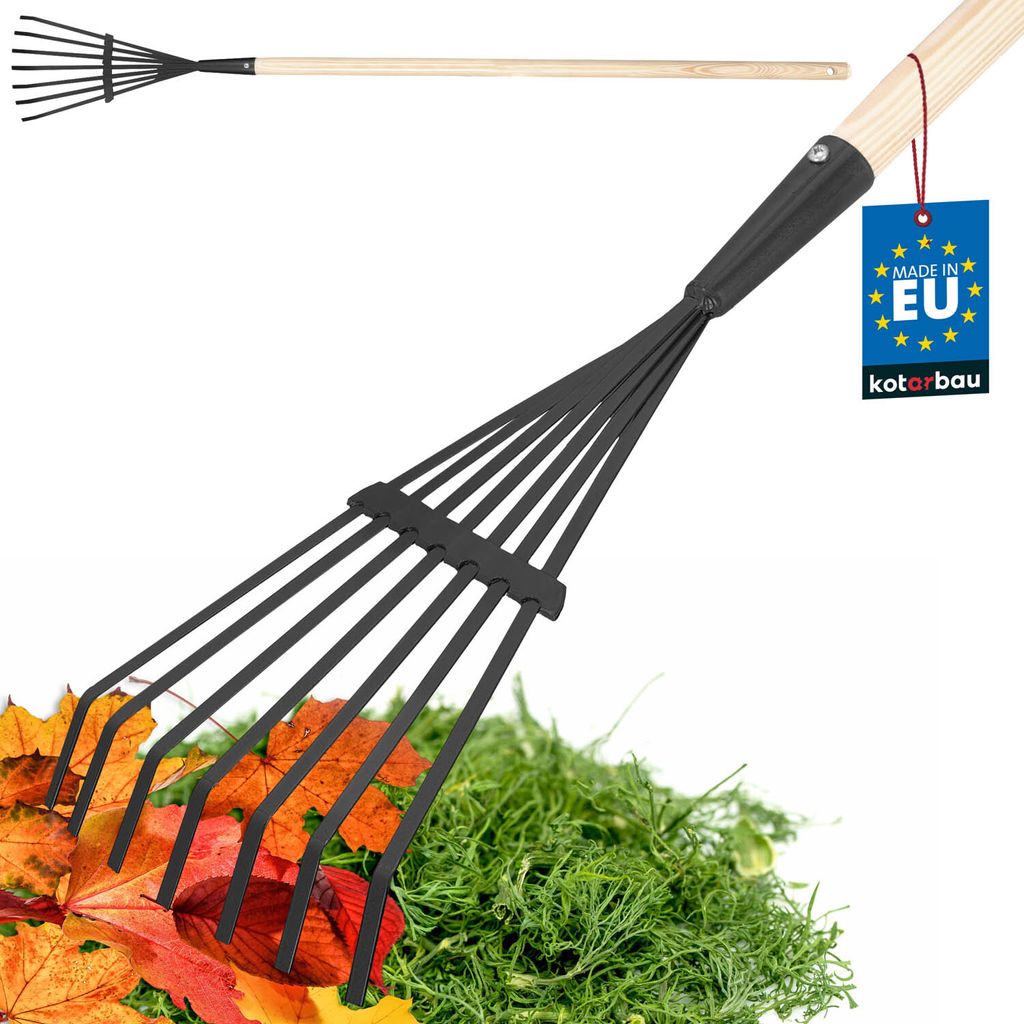 KOTARBAU Laubrechen mit Stiel 14 cm Fächerbesen Metall Rechen für Gras & Laub Garten Besen mit Holzstiel 108 cm Laubbesen Stahl Türkis & Natur...