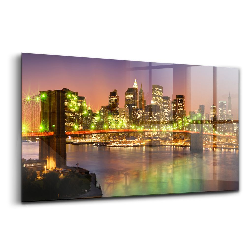 Glasbild - Dekorative Malerei - Moderne Malerei - 100x50 - Brooklyn Bridge bei Nacht