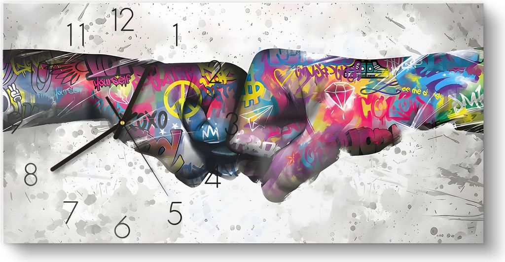 DEQOART Glasuhr 60x30 cm Zahlen 'Graffiti-Handschlag' Produktbild 