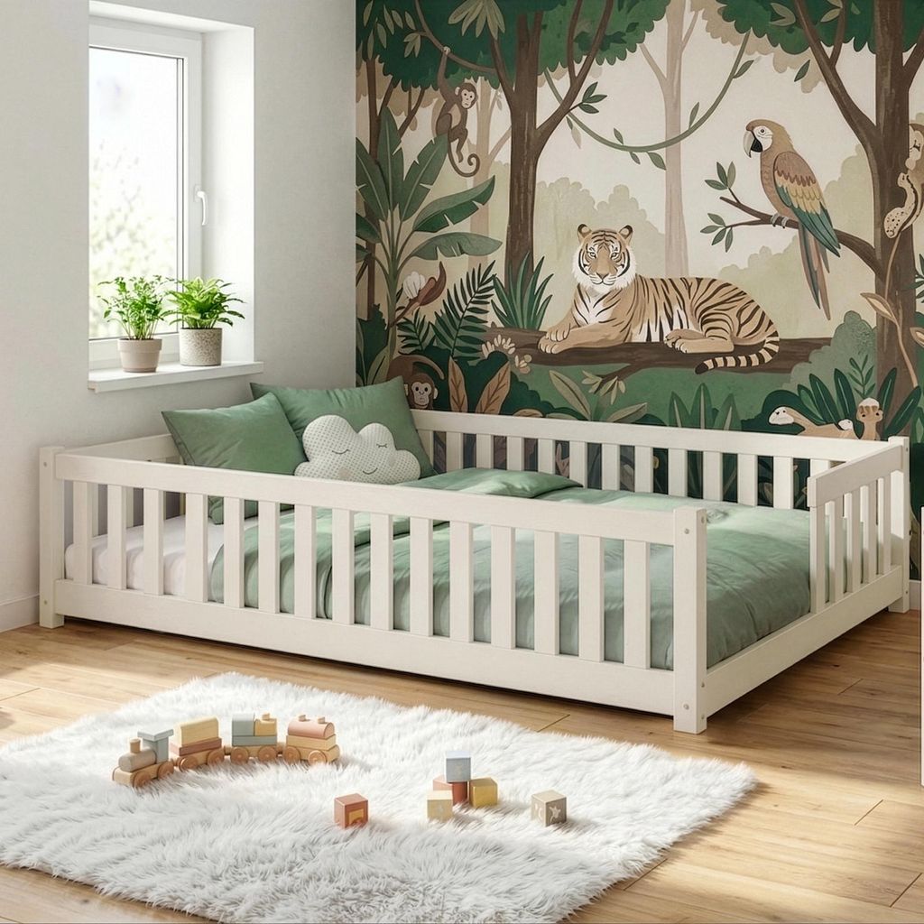 Kinderbett Bodenbett mit Rausfallschutz & Lattenrost Montessori Bett Bed Gitterbett Kinder Jugendbett Einzelbett | 140x200 cm | Baumwolle