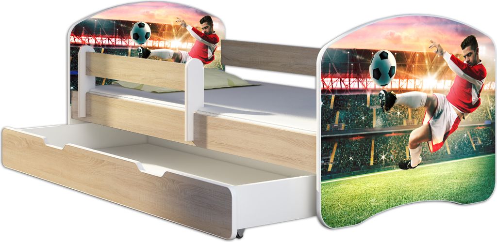 ACMA Jugendbett Kinderbett Junior-Bett Komplett-Set mit Matratze Lattenrost und Rausfallschutz Sonoma 37 Fußballer 2 160x80 + Bettkasten