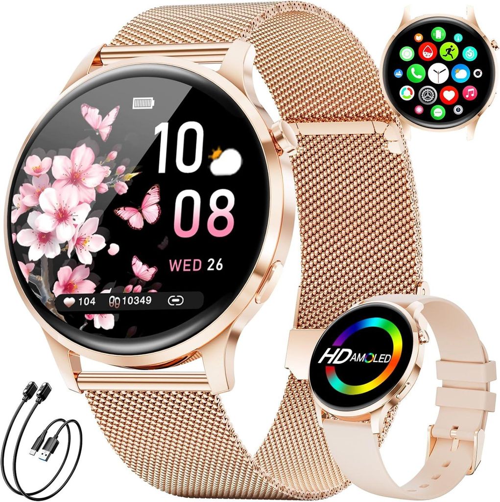 Smartwatch Damen 1,32" AMOLED Display Telefonfunktion IP68 Wasserdicht 120+ Sportmodi Herzfrequenz Schlaf Schrittzähler Elegante Uhr iOS Android