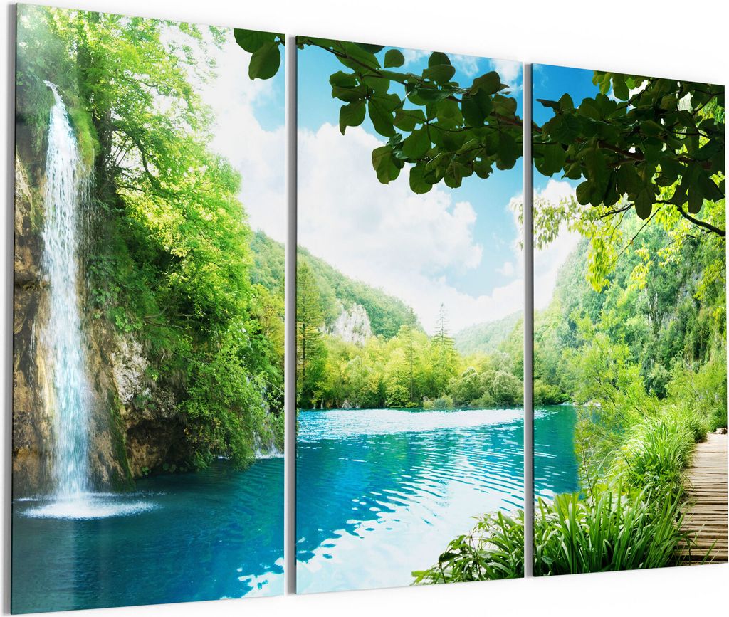 DEQORI Glasbilder Acryl 3x50x100 cm 'Wasserfall im grünen Wald' Wandbilder XXL groß
