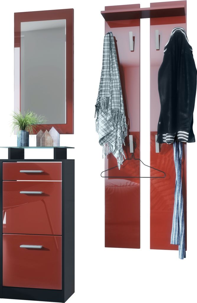 Vladon Garderobenset Garderobe Loret V2 Mini, Korpus in Schwarz matt / Front in Bordeaux Hochglanz