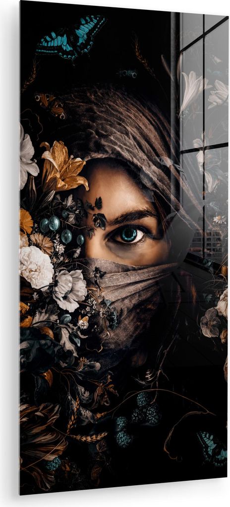 MuchoWow Glasbilder - Bilder auf Wandbild - Foto auf Glas Frau - Luxus - Blumen - Schmetterling - Porträt 40x80 cm Wanddekoration aus Glas - Acryl...