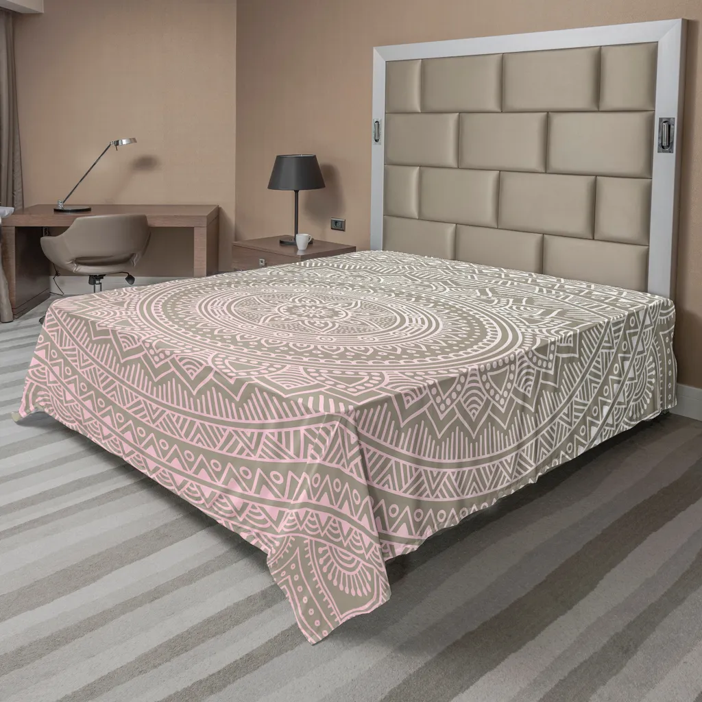 Drap plat décoratif Mandala 275 x 260 cm en Tissu Douceur Rose et Beige