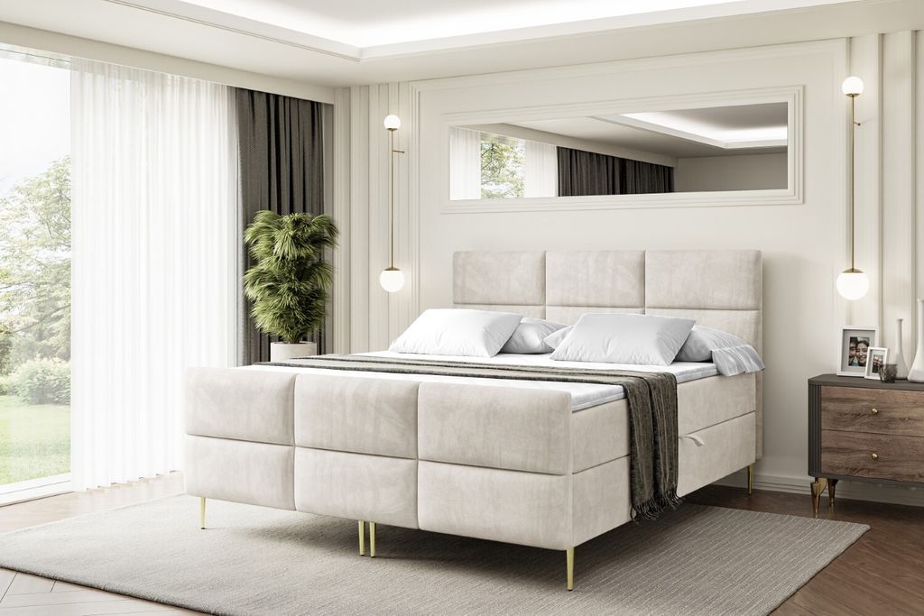 ALTDECOR Boxspringbett mit Gold Füßen, Matratze und Lattenrost, Topper, Fußteil, Polsterbett mit Bettkasten, Bett mit Stauraum H4-Matratze, Dopp...