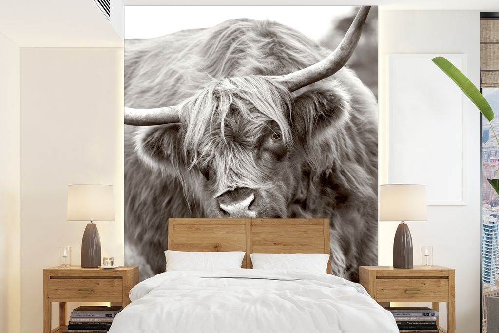 MuchoWow Fototapete für Wohnzimmer oder Schlafzimmer Wandtapete Vinyl Motivtapete Schottischer Highlander - Schwarz - Weiß - Hörner - 205x280 ...