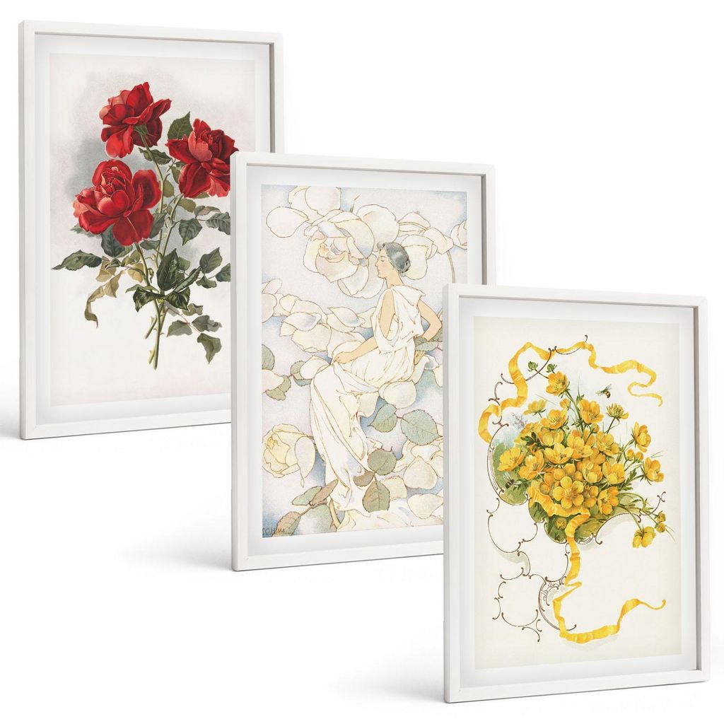 Bilder Set 3-teilig im weißen Rahmen – Wandbilder 3 Stück – gerahmte Poster für Wohnzimmer, Schlafzimmer und Flur – 40x60 cm – Rosen rot...