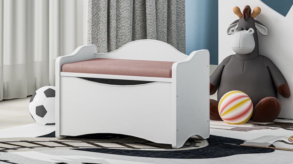 Happy Babies Spielzeugkiste zum Sitzen Sitzbank mit Stauraum Aufbewahrung mit Sitz für Kinder Kindermöbel Weiß