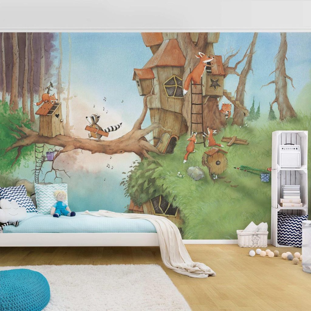 Fototapete Wald - Vliestapete - Bildtapete UV-beständig Design braun Aquarell Illustration Wandtapete geruchsfrei