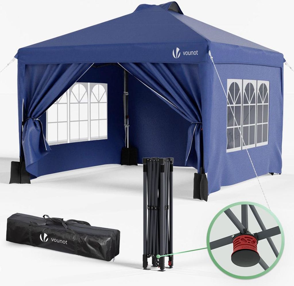 A blue pop-up canopy tent is shown set up, with its folded frame and carrying bag displayed in the foreground. A close-up inset highlights a red connector piece on the frame.