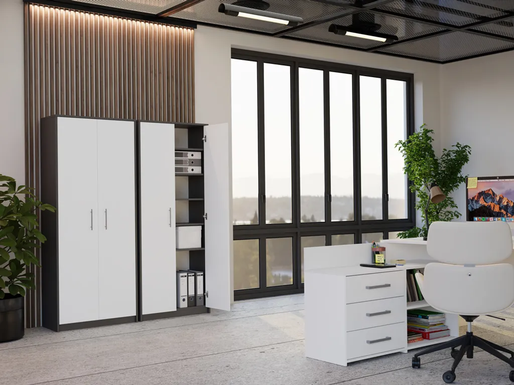 Bibliothèque de bureau RAINER bicolore anthracite blanc en bois robuste - 4