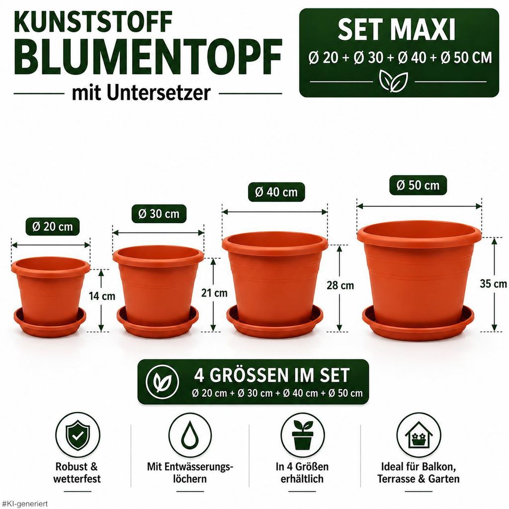Kunststoff Blumentopf mit Untersetzer – je 1 Ø 20, 30 40 Produktbild 