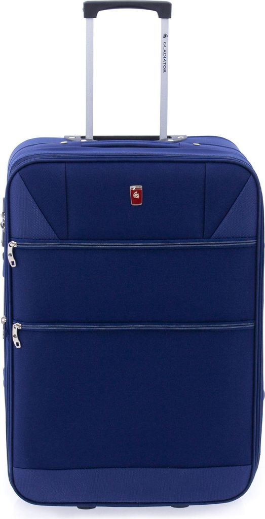A studio shot of a blue suitcase with a retractable handle.