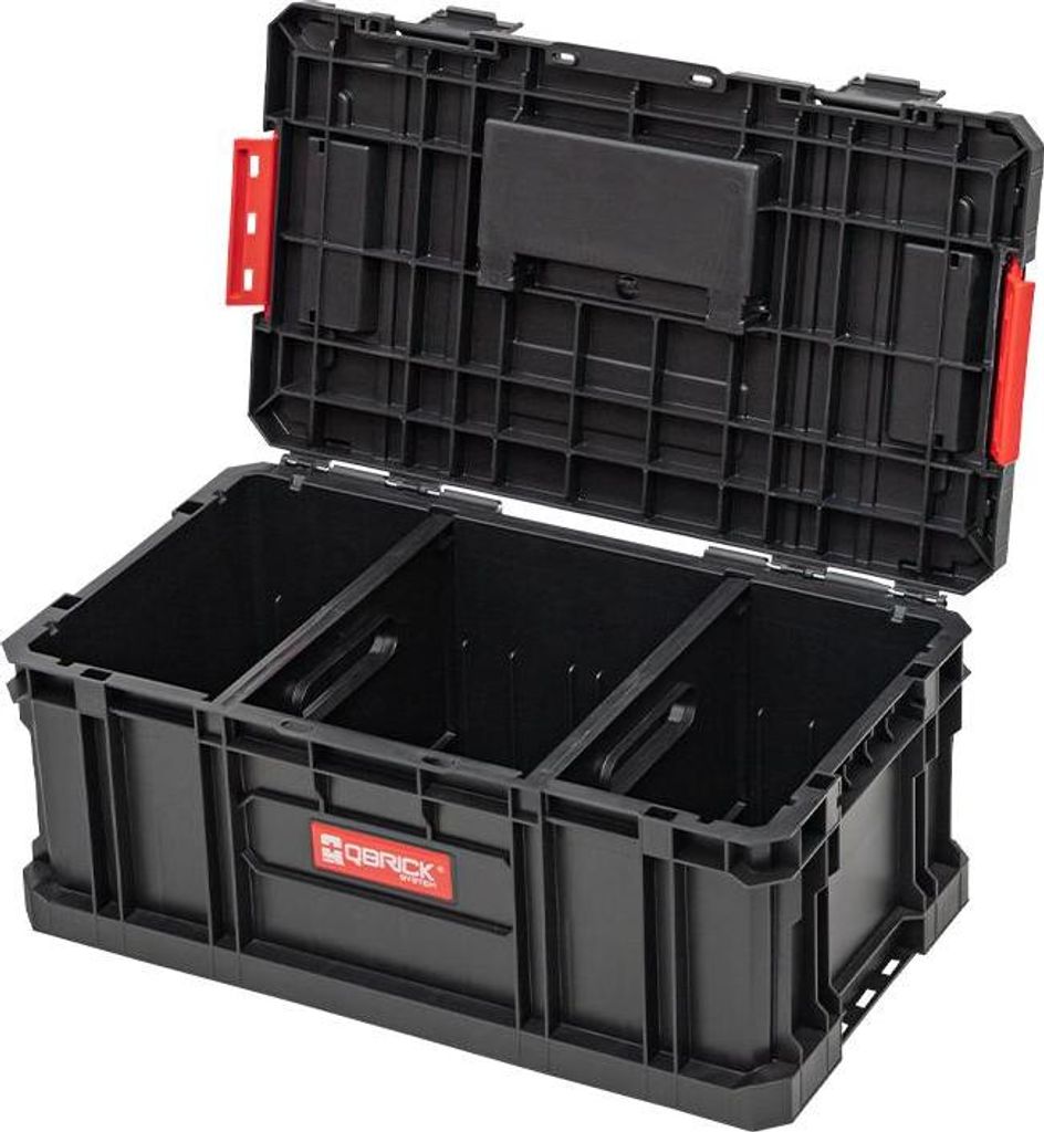 An open black toolbox with red accents, divided into three compartments.