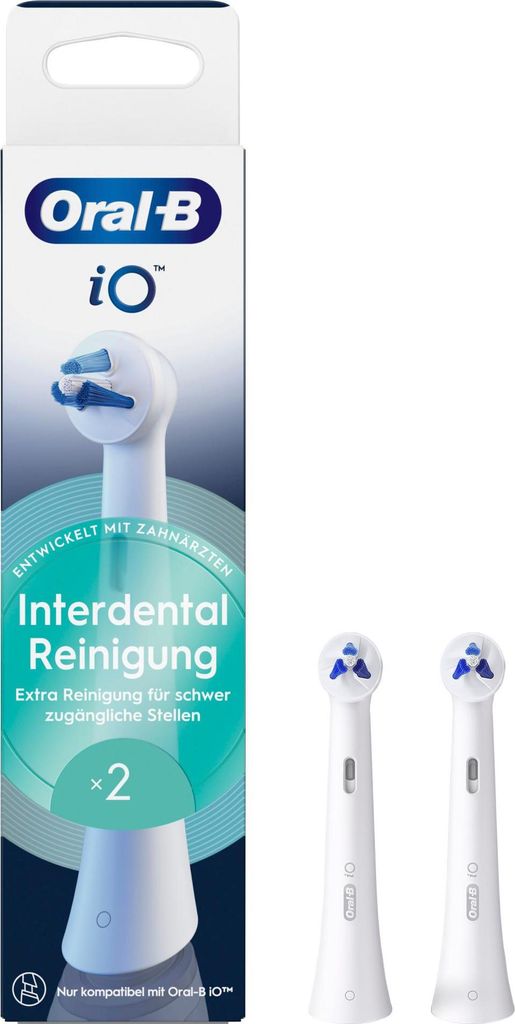 A box of Oral-B iO Interdental Cleaning toothbrush heads, with two heads shown separately.