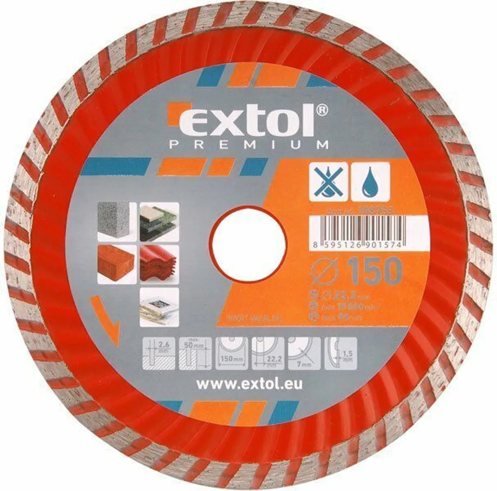 Disco diamantato turbo, 180x22,2mm, taglio a secco e a umido EXTOL-PREMIUM