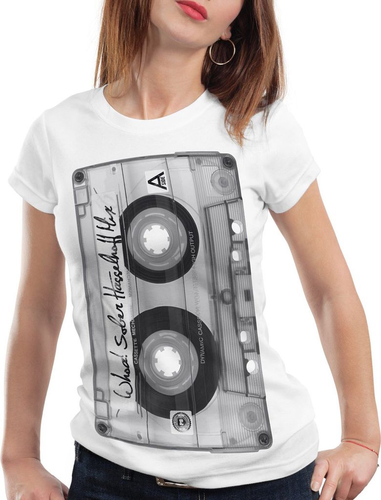 style3 DJ Kassetten T-Shirt Damen tape 80er kassette foto, Größe:XXL, Farbe:Weiß