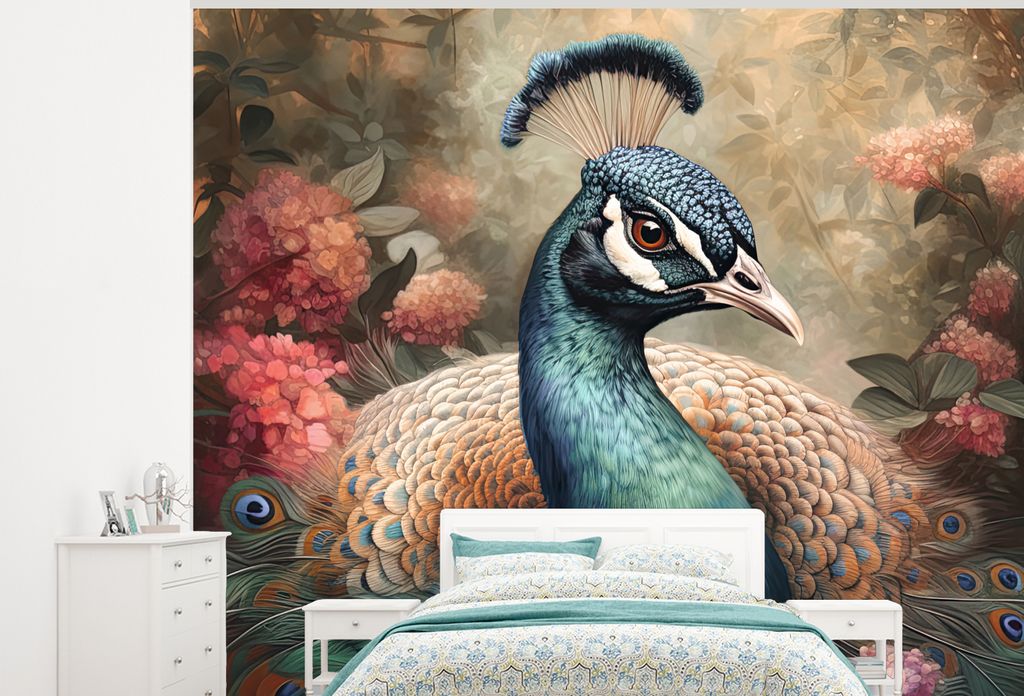 MuchoWow Fototapete für Wohnzimmer oder Schlafzimmer Wandtapete Vinyl Motivtapete Pfau - Vogel - Pflanzen - Pfauenfedern - 275x220 cm - Gemustert