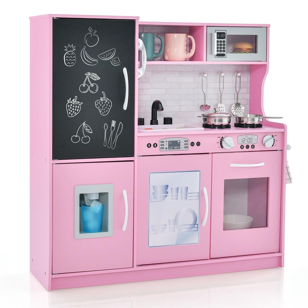 GOPLUS Kinderküche aus Holz, Kinderspielküche mit Eismaschine, Handtuchhalter, Geschirrspüler, Kreidetafel, Holzküche für Kinder von 3 bis 6 J...