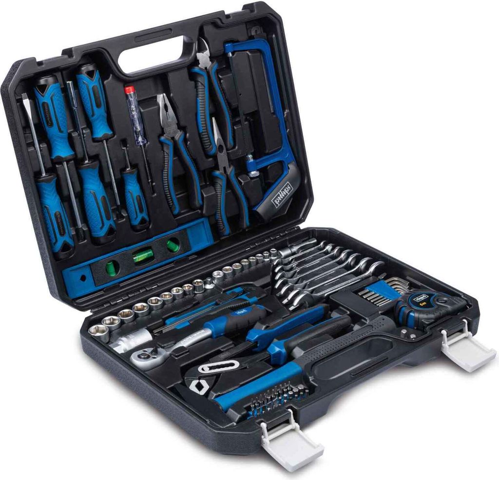 An open tool case filled with various tools, displayed against a white background.