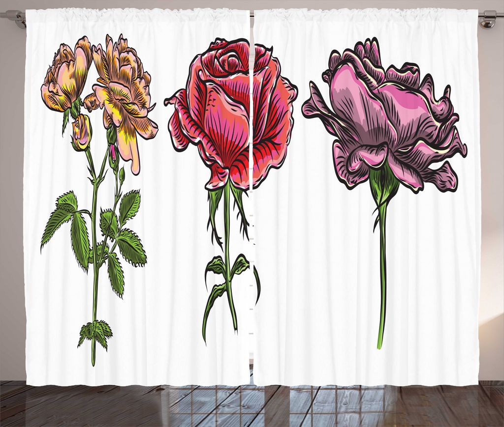 ABAKUHAUS Blumen Rustikaler Gardine, Verschiedene Rose Blumenarten, Schlafzimmer Kräuselband Vorhang mit Schlaufen und Haken, 280 x 225 cm, Rosa-L...