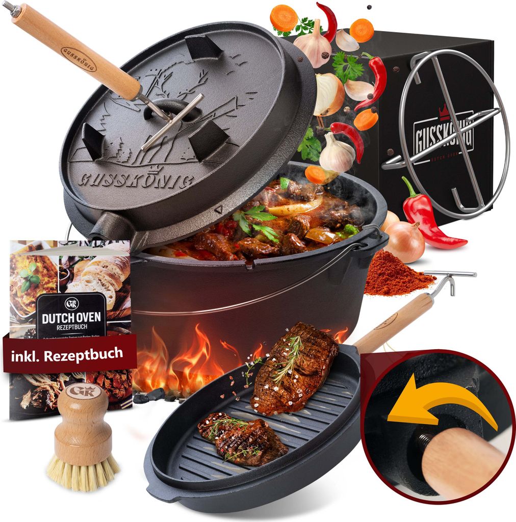 GUSSKÖNIG Dutch Oven Set 7 Liter Feuertopf Deckelheber und Edelstahl Untersetzer