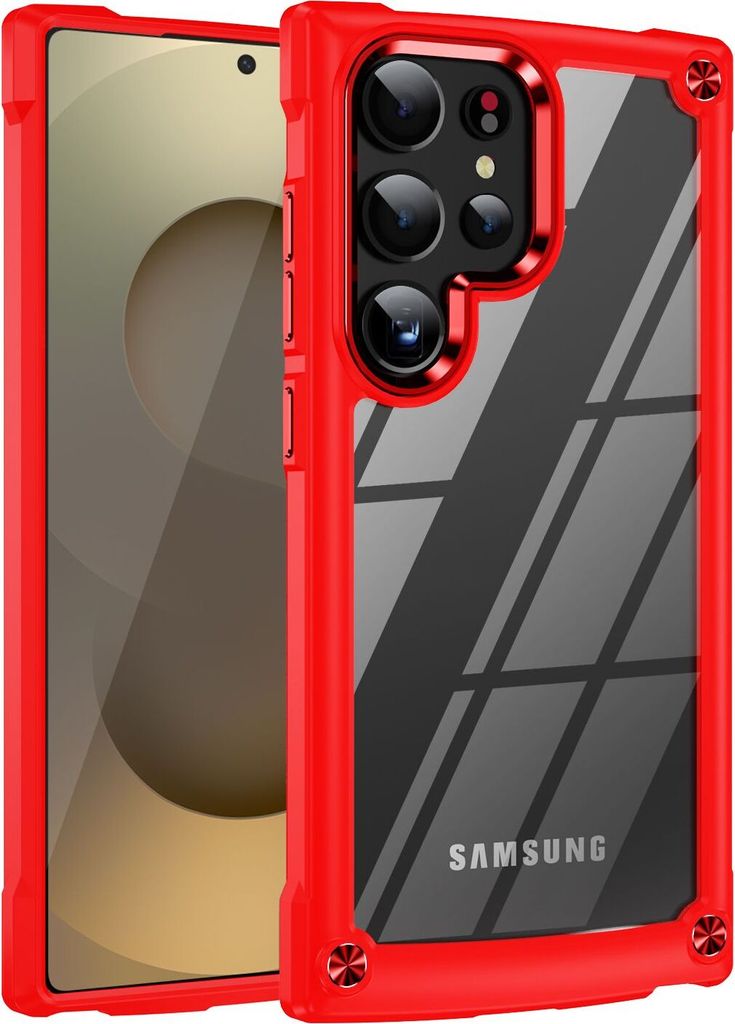 Hülle für Samsung Galaxy S25 Ultra Hybrid Transparente PC Robust TPU Bumper Stoßfest Schutzhülle Rot Schwarz