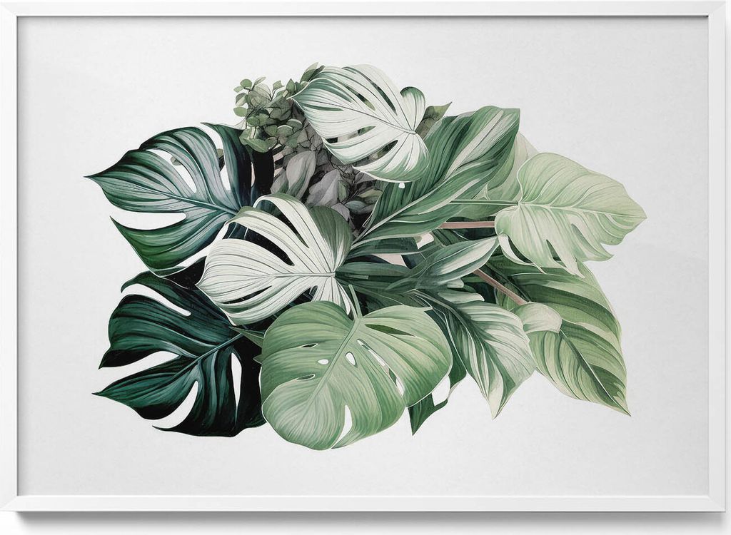 Bemalte Monstera-Blätter– Wandbild mit Rahmen – Gerahmtes Bild – Wanddekoration – 100x70 cm – Weiß Rahmen