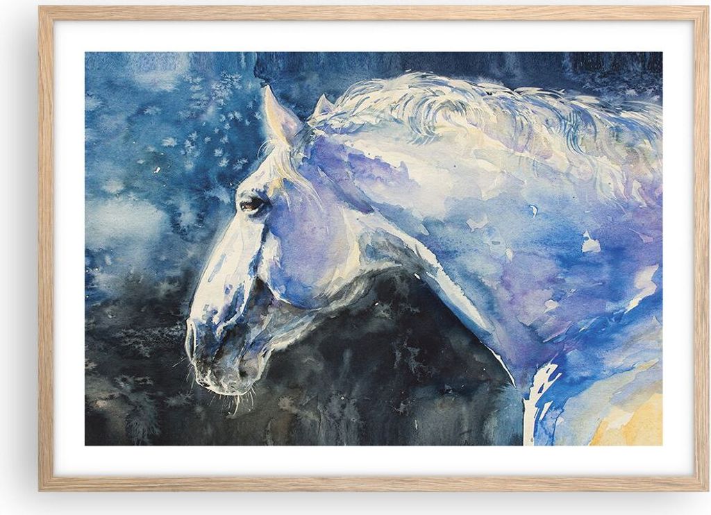 Gerahmtes Poster - Rahmen in heller Eiche - Pferd Aquarell Porträt - 70x50 cm - Wand Bild - Wanddeko - Wandbilder - Wandposter - Bilderrahmen - Bi...