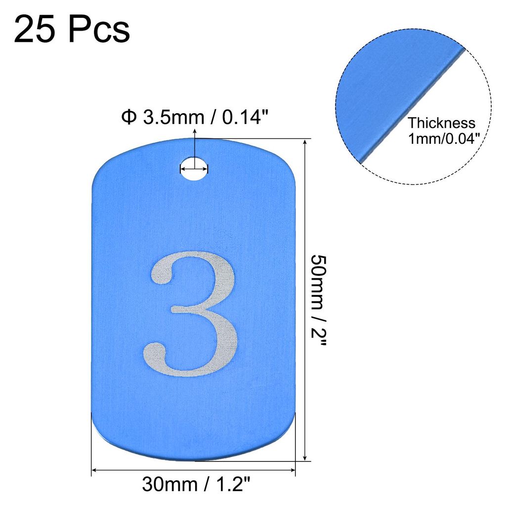 25Stk. Aluminium Metall Schlš¹sselanh?nger 1-25 Nummernschild ID Schild mit Ring rechteckig leer 2x1,2 Inch blau