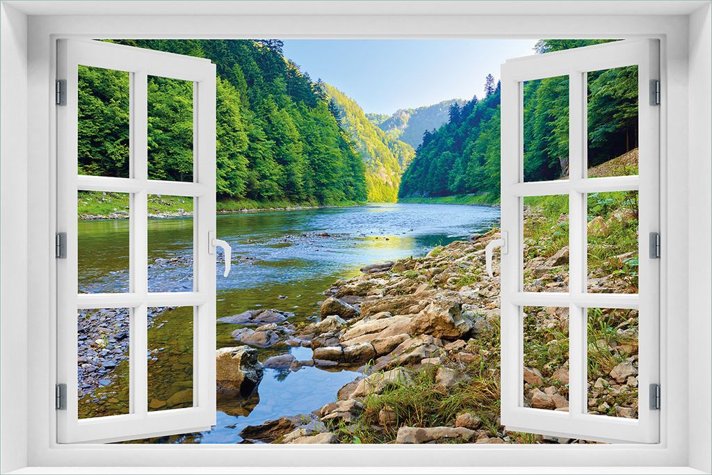 Wallario selbstklebendes Poster mit Fenster-Illusion - Fluss in den Bergen an steinigem Ufer, Größe: 61 x 91,50 cm