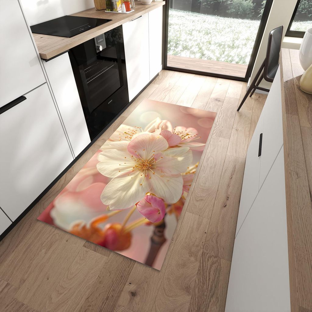 Küchenteppich 90x180cm rutschfest & abwischbar PVC Läufer - Blüten von Blühende