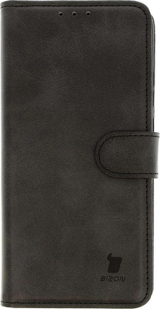 A black flip case for a smartphone, shown closed and lying flat.