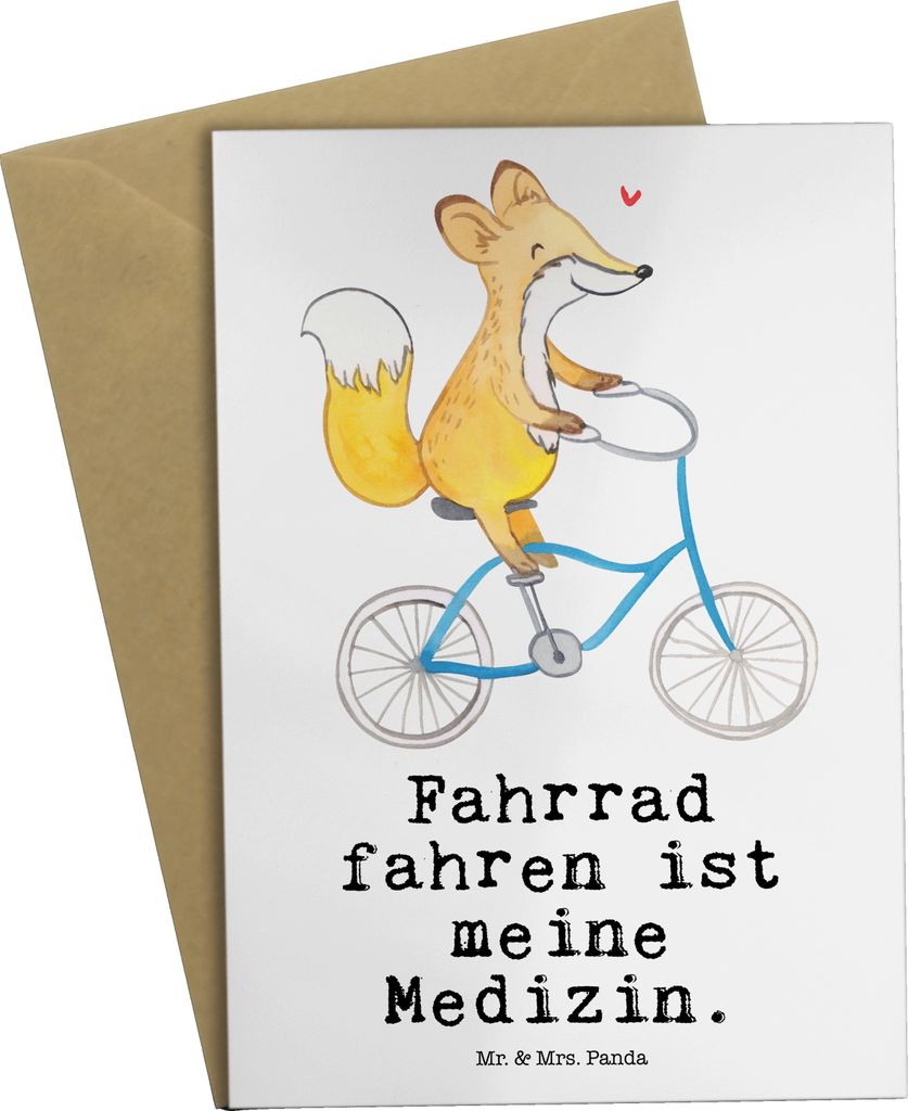 Mr. & Mrs. Panda Grußkarte Fuchs Fahrrad fahren - Weiß - Geschenk, osterkarten, hochzeitskarten, Mountainbiking, Radeln, einladungskarten, Trekki...