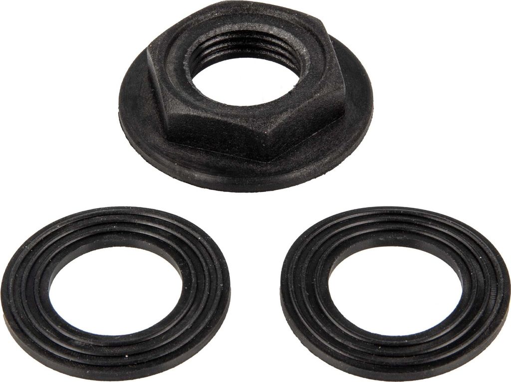 A black nut and two black washers are arranged on a white background.