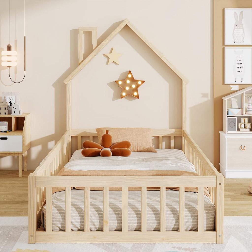 Kinderbett mit Schornsteinform und Lattenrost (ohne Matratze) Hausbett Jugendett 90 x 200 cm Natur