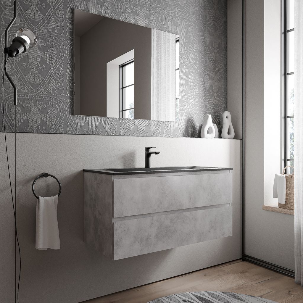 Unterschrank AVA 100 cm mit Mineralguss Waschbecken CREAM - Farbe wählbar, Auswahl Waschbecken:Schwarz matt mit Hahnloch, Farbe Badmöbel:Beton