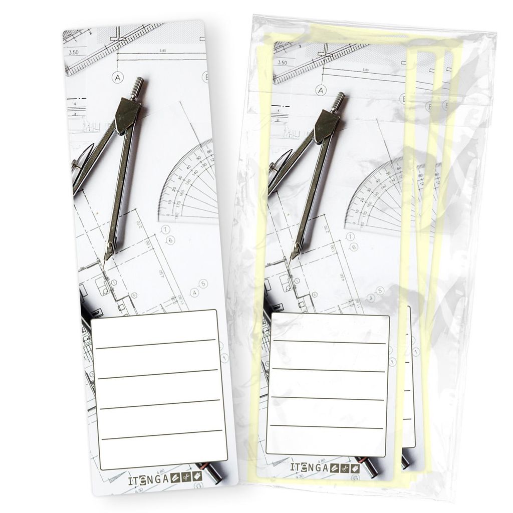 itenga 10er Set Ordneretiketten mit Motiv technische Zeichnung - breit 6x19cm