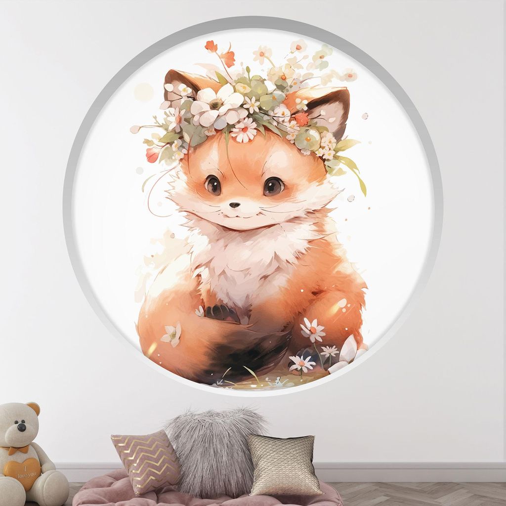Trompe-l'œil-Aufkleber Runde Bogen Kinderzimmer - Lumaléa - Fuchs - Durchmesser 90 cm
