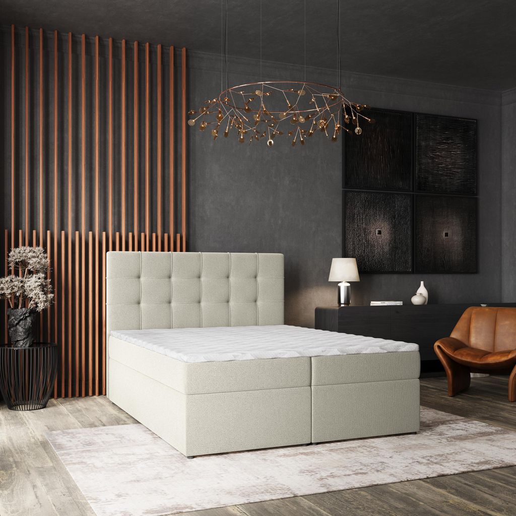 Masseno Boxspringbett PALMA 140x200 cm Komplett-Set mit Bonell Matratze und Topper, Polsterbett mit Bettkästen -Creme, SORO 02