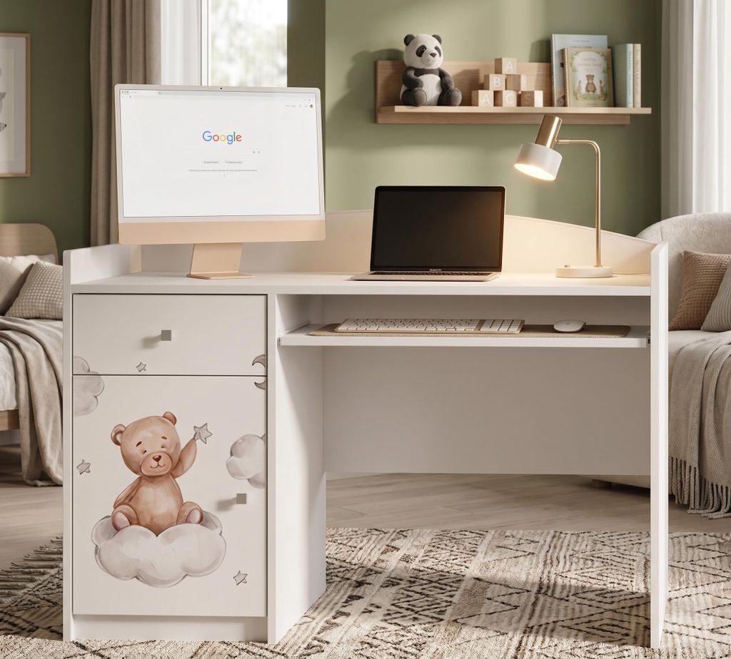 Kinderschreibtisch Weiß "Happy B04" | Jugendmöbel Lernschreibtisch mit Stauraum | Stabiler PC-Tisch für das moderne Kinderzimmer, Teddybär