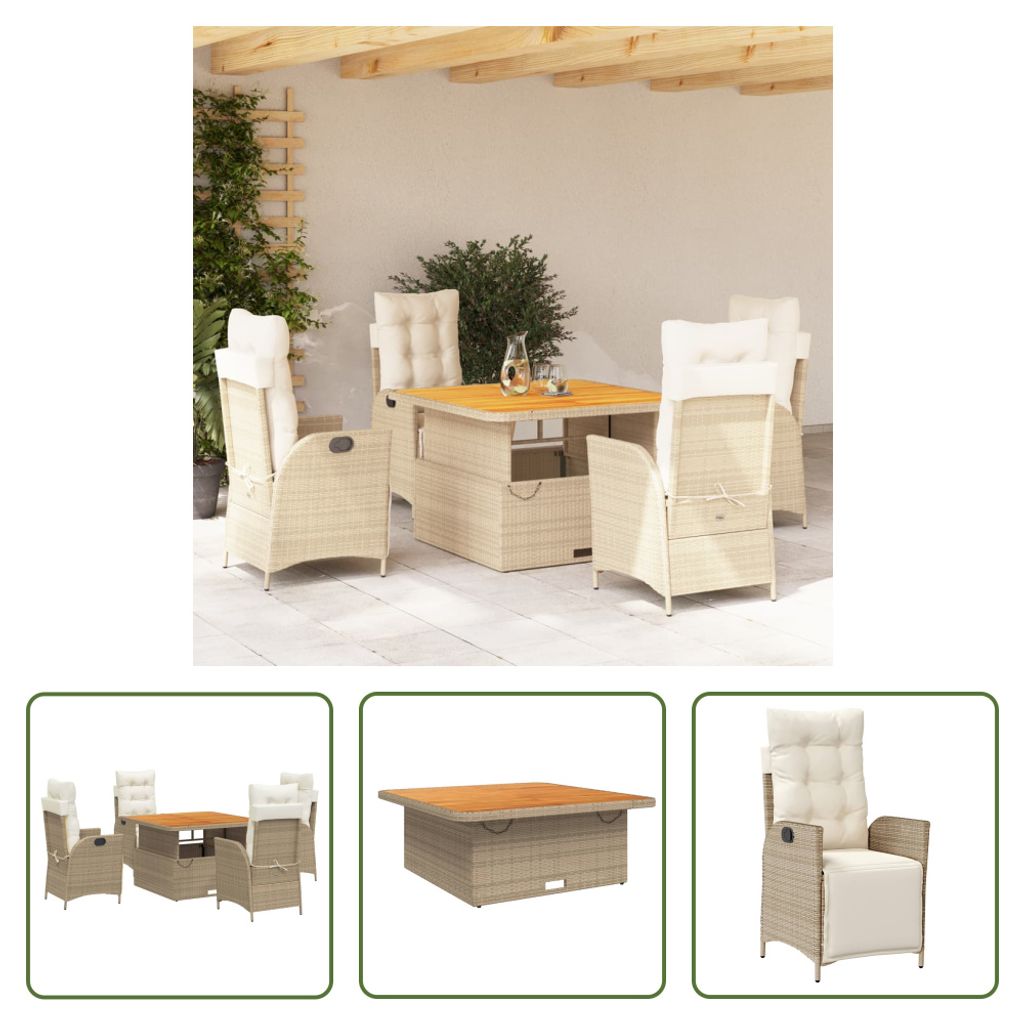 The Living Store 5-tlg. Garten-Essgruppe mit Kissen Beige Poly Rattan