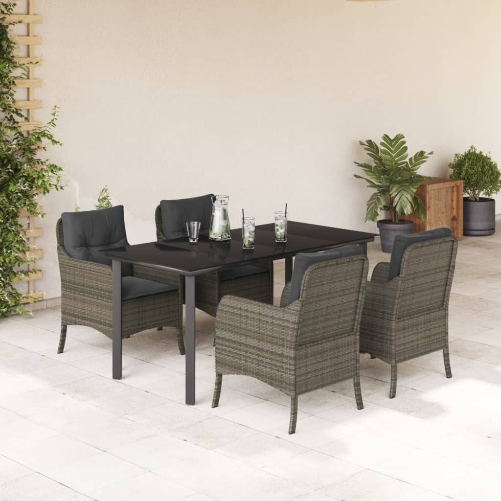 Design 5-tlg. Garten-Essgruppe mit Kissen Grau Poly Rattan, Gartenmöbel-Sets 2024 Neu