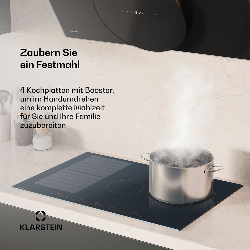 Klarstein Delicatessa 77 Flex Induktionskochfeld – 4-Zonen-Einbaukochfeld, 7.500 W, Flexizone, Thermoboost, Kindersicherung, Timer, Glaskeramik A...